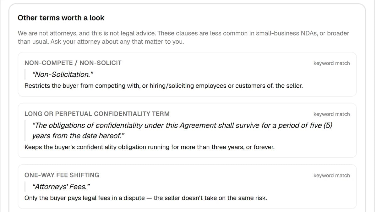 The NDA check results: the clauses worth a second look, each quoted word for word with its section number.