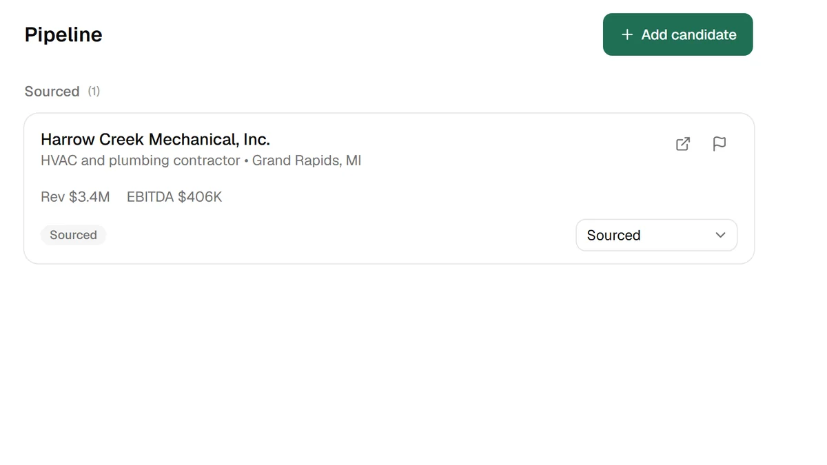The pipeline with Harrow Creek Mechanical, a clipped HVAC listing, in the Sourced stage, showing its revenue and EBITDA estimates and a link back to the listing.